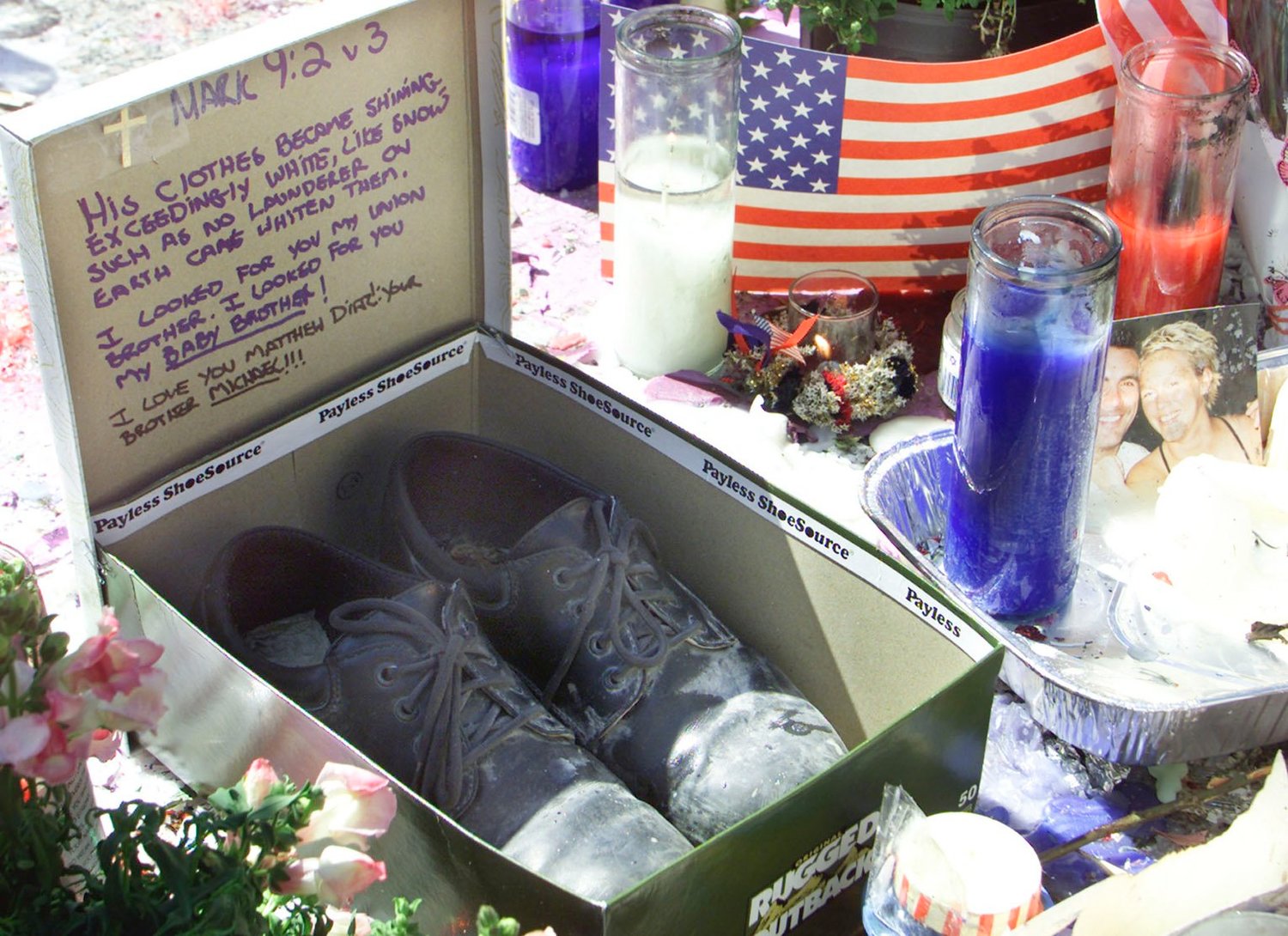 A pair of shoes are left on Sept. 17, 2001, in New York’s Union Square with a message of love from a family member. An extensive memorial was set in the area in memory of the victims of the Sept. 11 World Trade Center terrorist attacks.